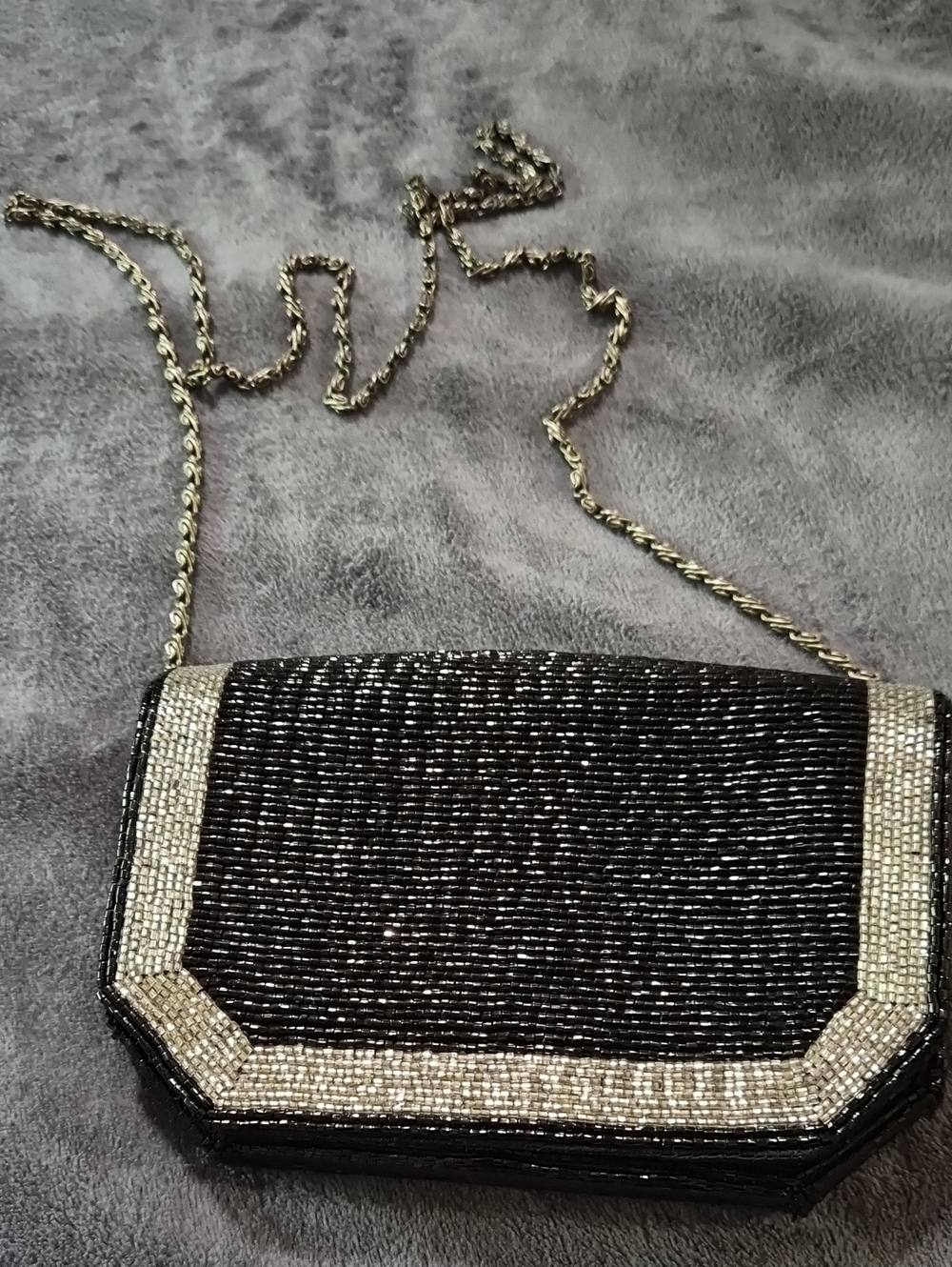 1970/80's Elegant Black Beaded Evening Crossbody Bag with Silver Accents